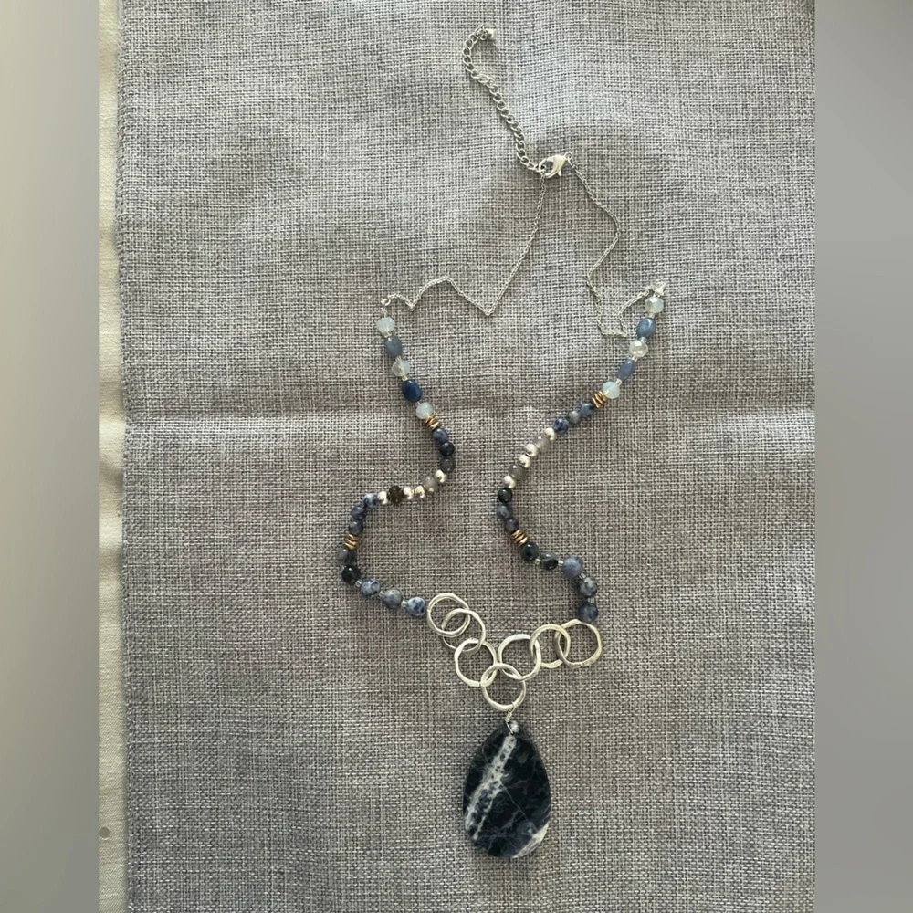 Statement Gemstone Beaded Necklace with Sodalite Pendant, Beads & Silver Rings